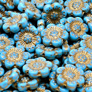8pcs Czech Pressed Glass Flat Flower Beads 14mm Opaque Turquoise Blue Golden Fired Color
