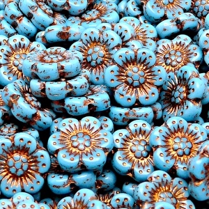 8pcs Czech Pressed Glass Flat Flower Beads 14mm Opaque Turquoise Blue Bronze Fired Color