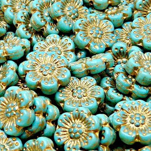 8pcs Czech Pressed Glass Flat Flower Beads 14mm Opaque Turquoise Green Golden Fired Color