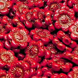 8pcs Czech Pressed Glass Flat Flower Beads 14mm Opaque Red Coral Bronze Fired Color