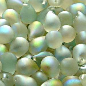 10pcs Czech Pressed Glass Teardrop Beads 10x14mm Crystal Green Rainbow Matte