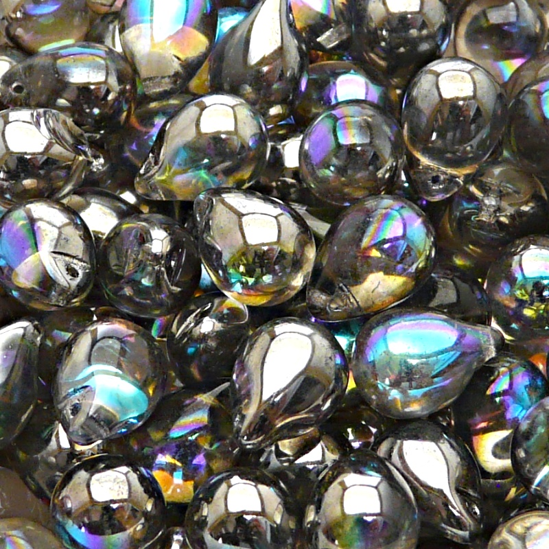 10pcs Czech Pressed Glass Teardrop Beads 10x14mm Crystal Graphite Rainbow
