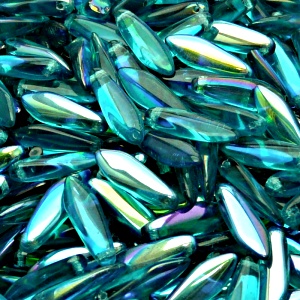 30pcs Czech Pressed Glass Dagger Beads 5x16mm Green Aquamarine AB