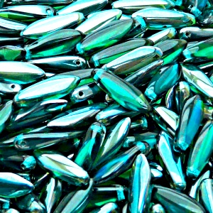 30pcs Czech Pressed Glass Dagger Beads 5x16mm Green Aquamarine Celsian