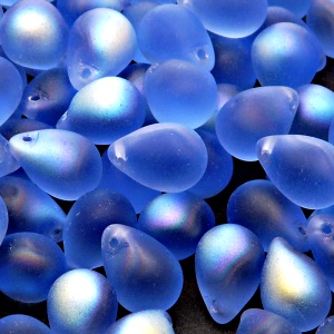 10pcs Czech Pressed Glass Teardrop Beads 10x14mm Sapphire AB Matte