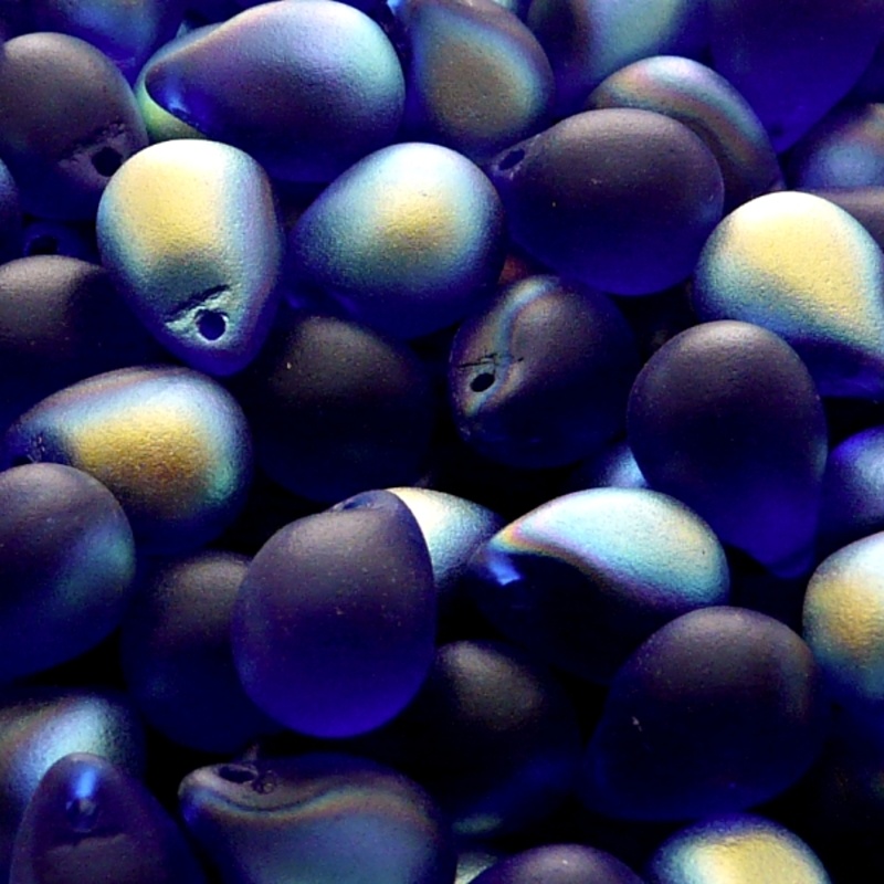 10pcs Czech Pressed Glass Teardrop Beads 10x14mm Cobalt Blue AB Matte