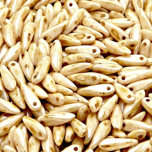 50pcs Czech Pressed Glass Dagger Beads 3x11mm Opaque Chalk White Honey Drizzle Luster