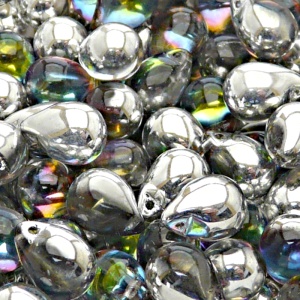 10pcs Czech Pressed Glass Teardrop Beads 10x14mm Crystal Marea Green (Sfinx)