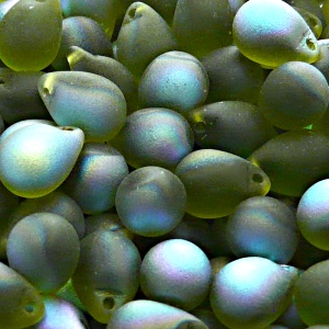 10pcs Czech Pressed Glass Teardrop Beads 10x14mm Olivine AB Matte