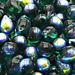10pcs Czech Pressed Glass Teardrop Beads 10x14mm Emerald AB