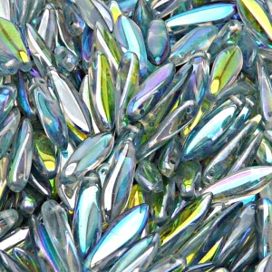 30pcs Czech Pressed Glass Dagger Beads 5x16mm Crystal Blue Rainbow