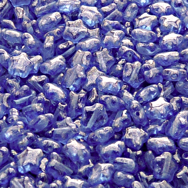 40pcs Czech Pressed Glass Star Beads 6mm Sapphire White Luster