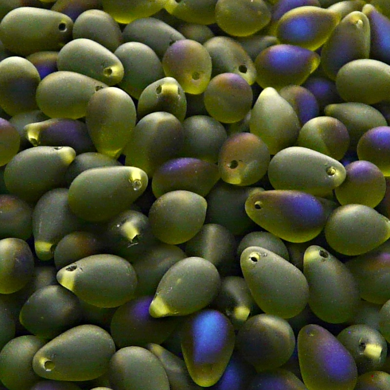 30pcs Czech Pressed Glass Teardrop Beads 6x9mm Olivine Azuro Matte