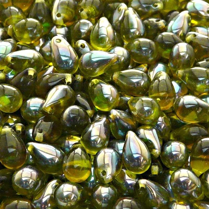 30pcs Czech Pressed Glass Teardrop Beads 6x9mm Olivine Celsian