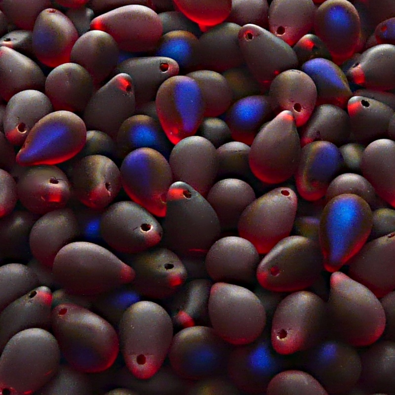 30pcs Czech Pressed Glass Teardrop Beads 6x9mm Ruby Azuro Matte