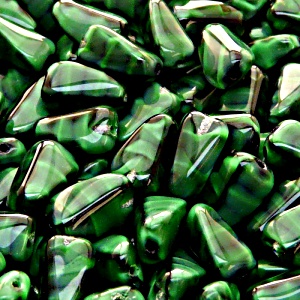 10pcs Czech Pressed Glass Rectangular Beveled Beads 14x9mm Emerald Jet Striped Moonlight (26507)