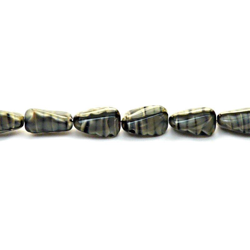 10pcs Czech Pressed Glass Rectangular Beveled Beads 14x9mm Beige Jet Striped Moonlight (26107)