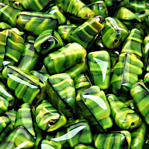10pcs Czech Pressed Glass Rectangular Beveled Beads 14x9mm Olivine Jet Striped Moonlight (26807)