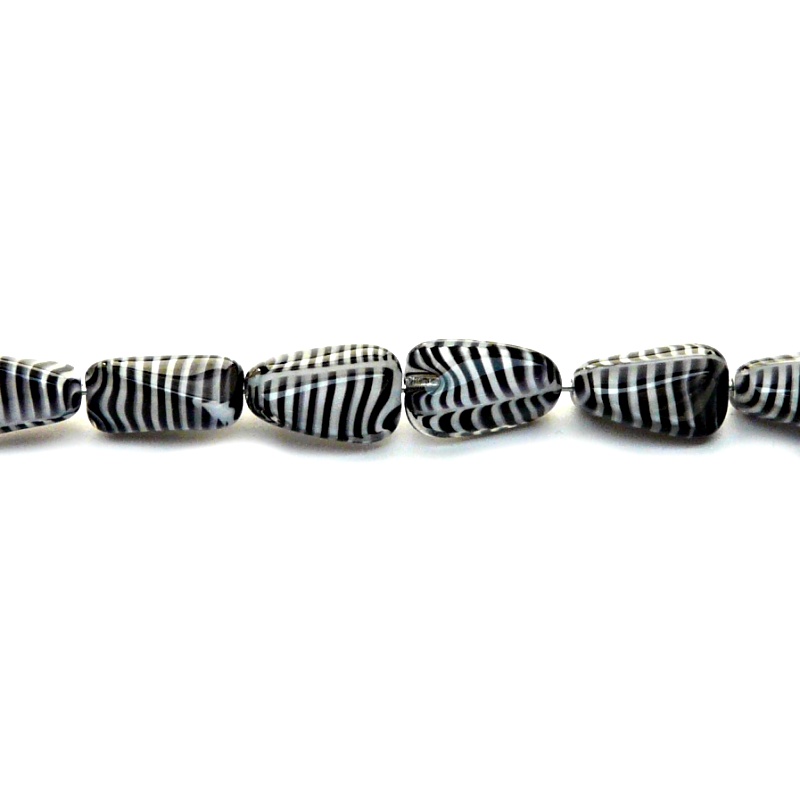 10pcs Czech Pressed Glass Rectangular Beveled Beads 14x9mm Jet White Giraffe Striped