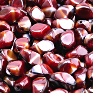 20pcs Czech Pressed Glass Twisted Bicone Lantern Beads 11x8mm Red Coral Jet Striped Moonlight (26907)