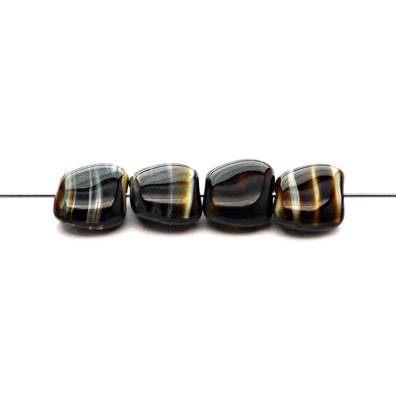 6pcs Czech Pressed Glass Rectangular Kidney Nugget Beads 13x15mm Coco Dark Brown Striped Moonlight (16127)