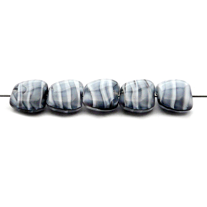 6pcs Czech Pressed Glass Rectangular Kidney Nugget Beads 13x15mm Aqua Gray Jet Striped Moonlight (26067)