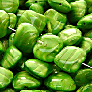 6pcs Czech Pressed Glass Rectangular Kidney Nugget Beads 13x15mm Green Striped Moonlight (56027)