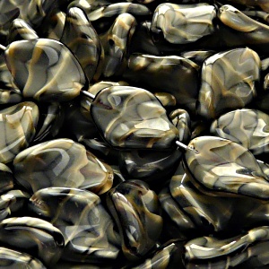 10pcs Czech Pressed Glass Ripple Twisted Flat Oval Beads 19x13mm Beige Jet Striped Moonlight (26107)
