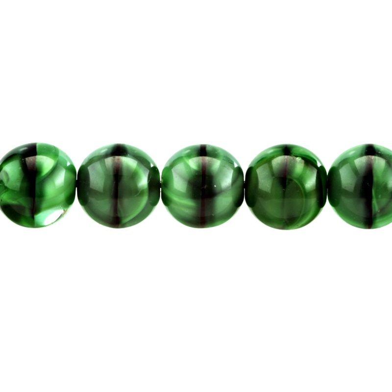 10pcs Czech Pressed Glass Round Beads 10mm Emerald Jet Striped Moonlight (26507)