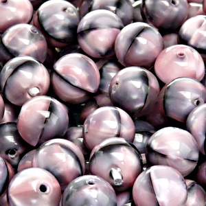 10pcs Czech Pressed Glass Round Beads 10mm Pink Jet Striped Moonlight (26707)