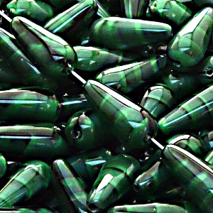 8pcs Czech Pressed Glass Drop Beads 20x9mm Emerald Jet Striped Moonlight (26507)