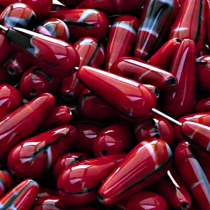 8pcs Czech Pressed Glass Drop Beads 20x9mm Red Coral Jet Striped Moonlight (26907)