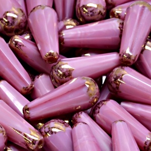 4pcs Czech Fire Polished Faceted Glass Drop Beads 20x9mm Pink With Silk Lustre Violet Marble Terracotta Luster