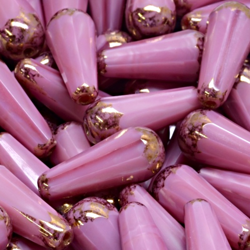 4pcs Czech Fire Polished Faceted Glass Drop Beads 20x9mm Pink With Silk Lustre Violet Marble Terracotta Luster