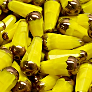 4pcs Czech Fire Polished Faceted Glass Drop Beads 20x9mm Yellow Striped Moonlight Bronze Luster (86037)