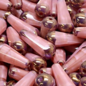 4pcs Czech Fire Polished Faceted Glass Drop Beads 20x9mm Pink Striped Moonlight Bronze Luster (86037)