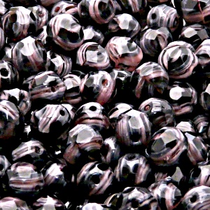 25pcs Czech Fire Polished Faceted Glass Beads Round 8mm Pink Jet Striped Moonlight (26707)