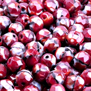 25pcs Czech Fire Polished Faceted Glass Beads Round 8mm Red Coral Jet Striped Moonlight (26907)