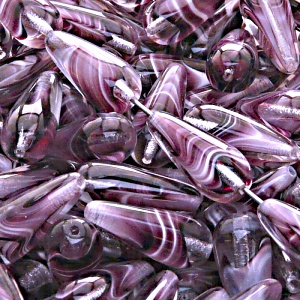 8pcs Czech Pressed Glass Drop Beads 20x9mm Crystal With Purple White Stripes Inside