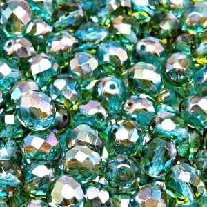 25pcs Czech Fire Polished Faceted Glass Beads Round 8mm Light Aquamarine Celsian