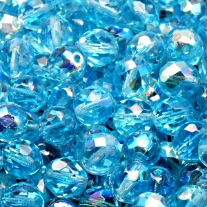 25pcs Czech Fire Polished Faceted Glass Beads Round 8mm Light Aquamarine AB