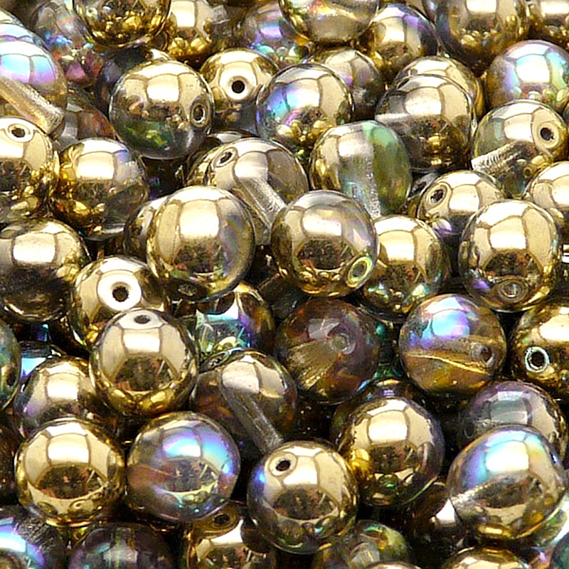 25pcs Czech Pressed Glass Round Beads 8mm Crystal Golden Rainbow