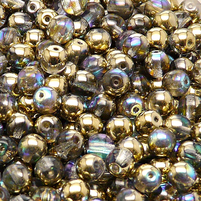 50pcs Czech Pressed Glass Round Beads 6mm Crystal Golden Rainbow
