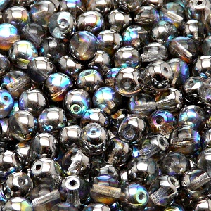 50pcs Czech Pressed Glass Round Beads 6mm Crystal Graphite Rainbow