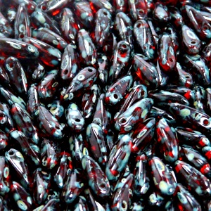 50pcs Czech Pressed Glass Dagger Beads 3x11mm Ruby Travertin