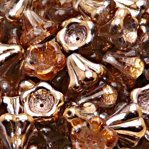 10pcs Czech Pressed Glass Bell Flowers Beads 11x13mm Rosaline Gold Capri