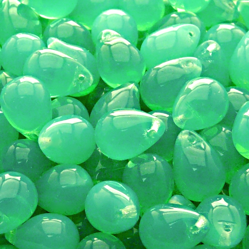 10pcs Czech Pressed Glass Teardrop Beads 10x14mm Green Aqua Opal