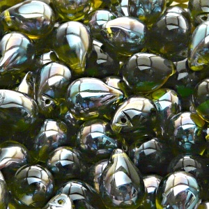 10pcs Czech Pressed Glass Teardrop Beads 10x14mm Olivine Celsian