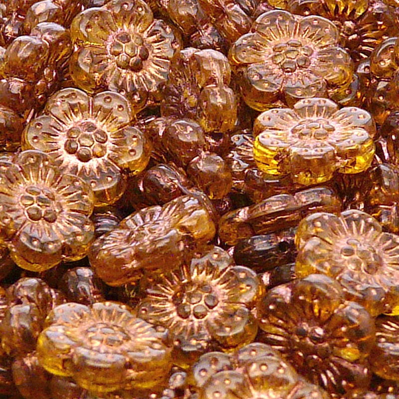 8pcs Czech Pressed Glass Flat Flower Beads 14mm Topaz Bronze Fired Color