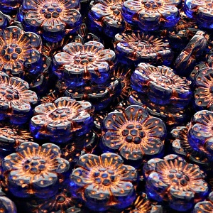 8pcs Czech Pressed Glass Flat Flower Beads 14mm Sapphire Bronze Fired Color